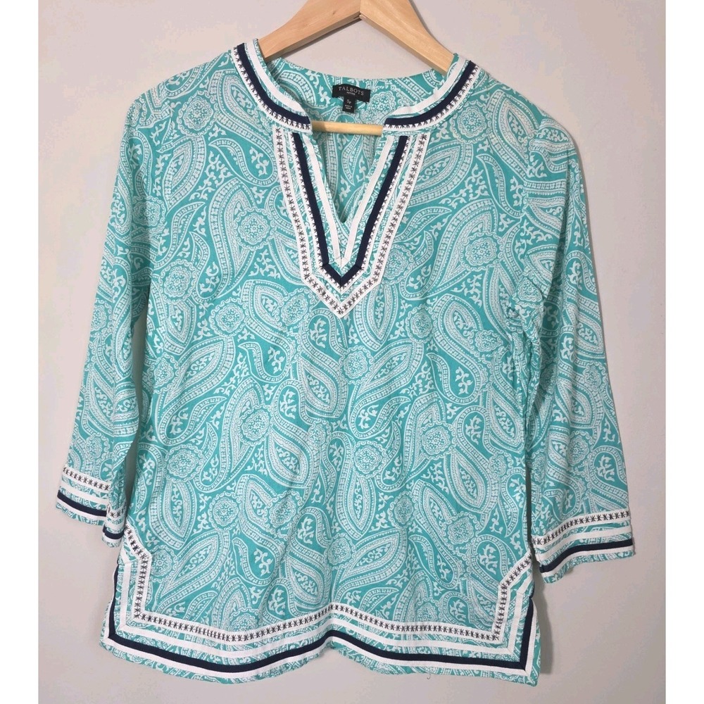 Talbots Women's Paisley Blouse Size S Green Cotton Tunic 3/4 Sleeve Top